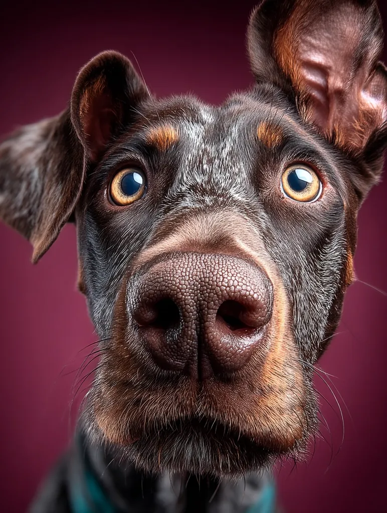Close-up portrait of a curious-looking dog.  Its large, expressive eyes and slightly tilted head create a playful and inquisitive expression. The dog's dark brown and mottled gray fur is visible, along with its prominent nose and slightly upturned ears. The background is a deep maroon, which contrasts sharply with the dog's coloring. The overall image is sharp and detailed, emphasizing the dog's features.