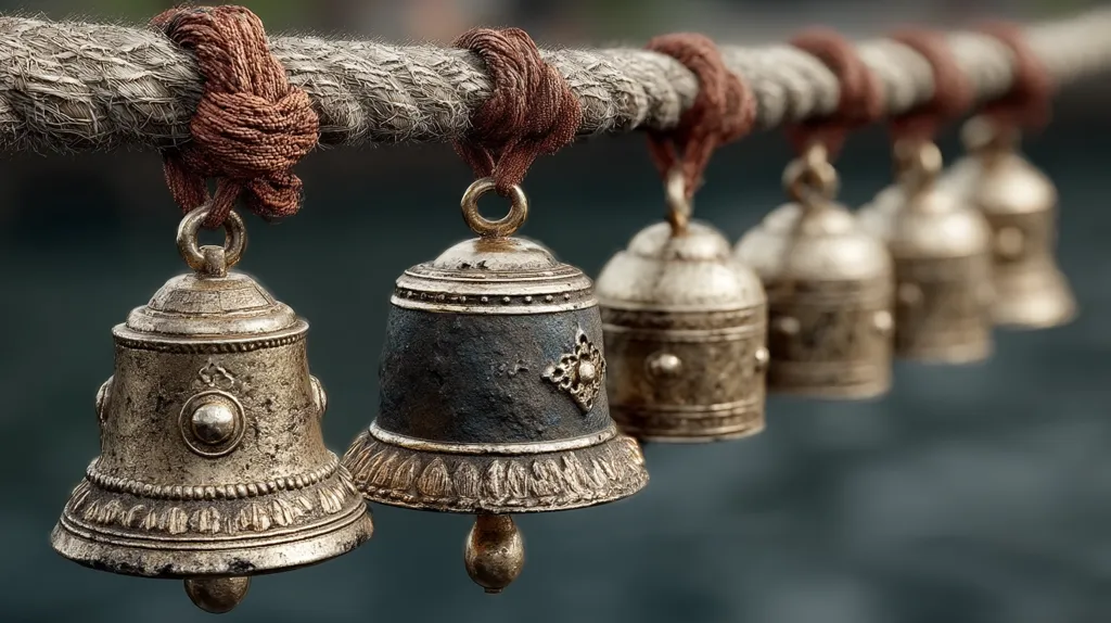 A row of ornate, metallic bells hangs from a thick rope.  The bells, varying slightly in color and detail, appear to be made of aged metal with intricate designs.  They are tied individually with dark brown cords, creating a visually appealing and slightly rustic arrangement. The background is blurred, focusing attention on the bells' texture and craftsmanship.