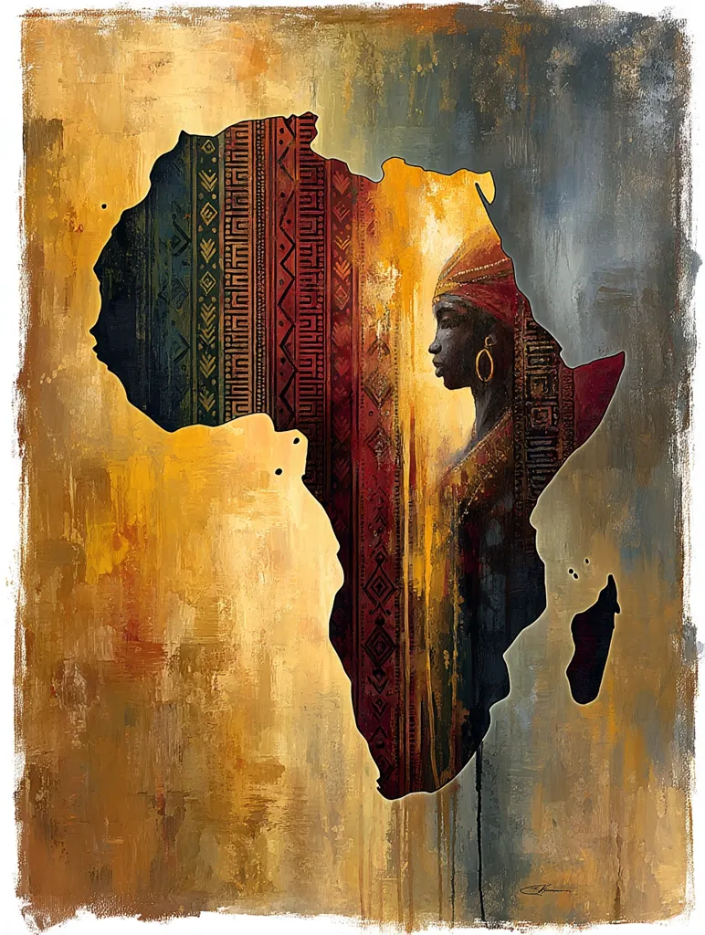 A stylized painting depicts the outline of the African continent.  Within the shape, a woman's profile is subtly incorporated, her face turned in profile, suggesting contemplation.  The background features textured earth tones and rich patterns reminiscent of African textiles, creating a powerful visual representation of African identity and culture. The artwork blends abstract and representational styles, resulting in a visually arresting piece.