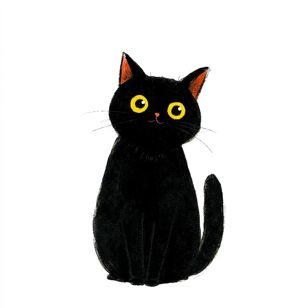 A charming illustration of a black cat sits against a white background.  Its large, bright yellow eyes and small pink nose give it an endearingly cute appearance. The cat's fur is depicted with a textured, slightly painterly style, and its tail curls gently behind it.  The overall feel is cheerful and friendly.