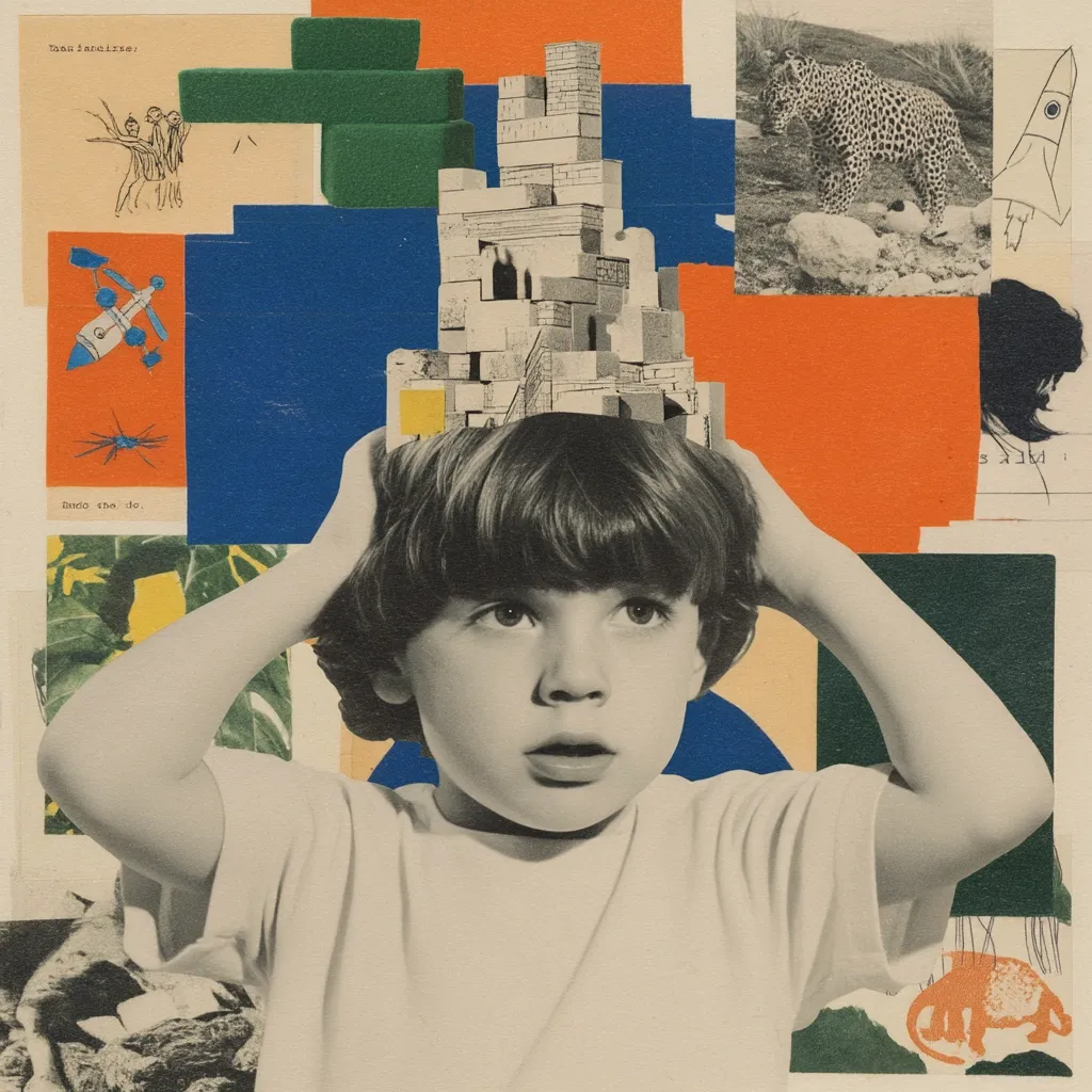 A stylized collage features a young boy with hands on his head, a block tower replacing his hair.  Surrounding him are vibrant geometric shapes and collaged images: a leopard, rocket, insects, and abstract figures.  The overall aesthetic is reminiscent of mid-20th century Dada or Surrealist art, suggesting themes of childhood imagination and the overwhelming nature of ideas.