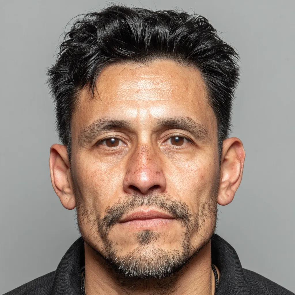 A close-up headshot of a man with dark hair styled upward. He has tan skin, brown eyes, and a serious expression.  His face shows some lines and freckles, suggesting age and sun exposure.  He has a short, well-groomed goatee and is wearing a dark-colored collared shirt. The background is a neutral gray.