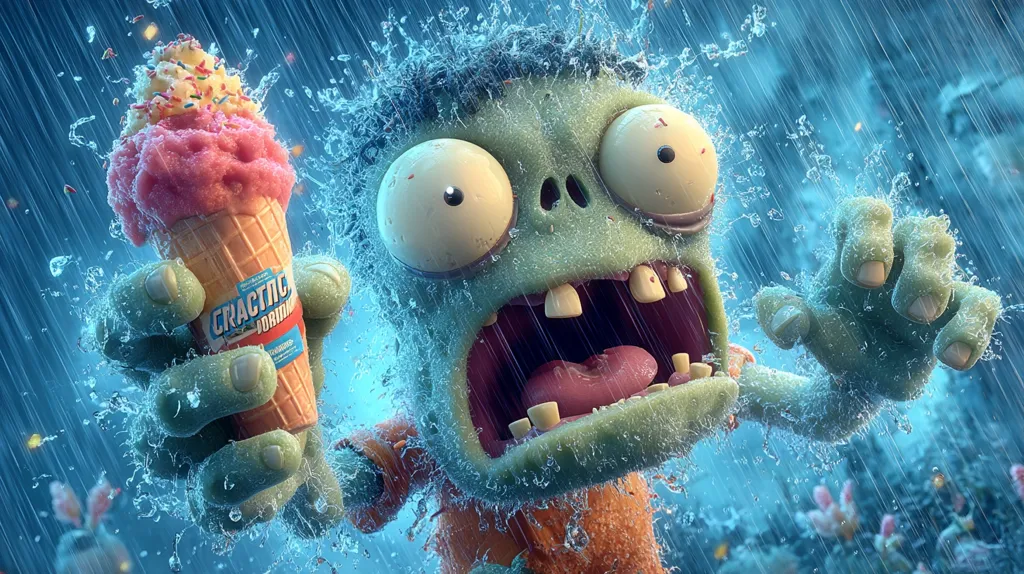 A whimsical 3D rendering depicts a cartoon zombie, drenched in rain, gleefully clutching an ice cream cone.  Water droplets cling to its decaying skin, enhancing the vibrant, almost surreal, quality of the image. The zombie's expression is one of joyous surprise, contrasting its undead nature with the innocent delight of the treat. The background is a blurry yet atmospheric depiction of a rainy environment.