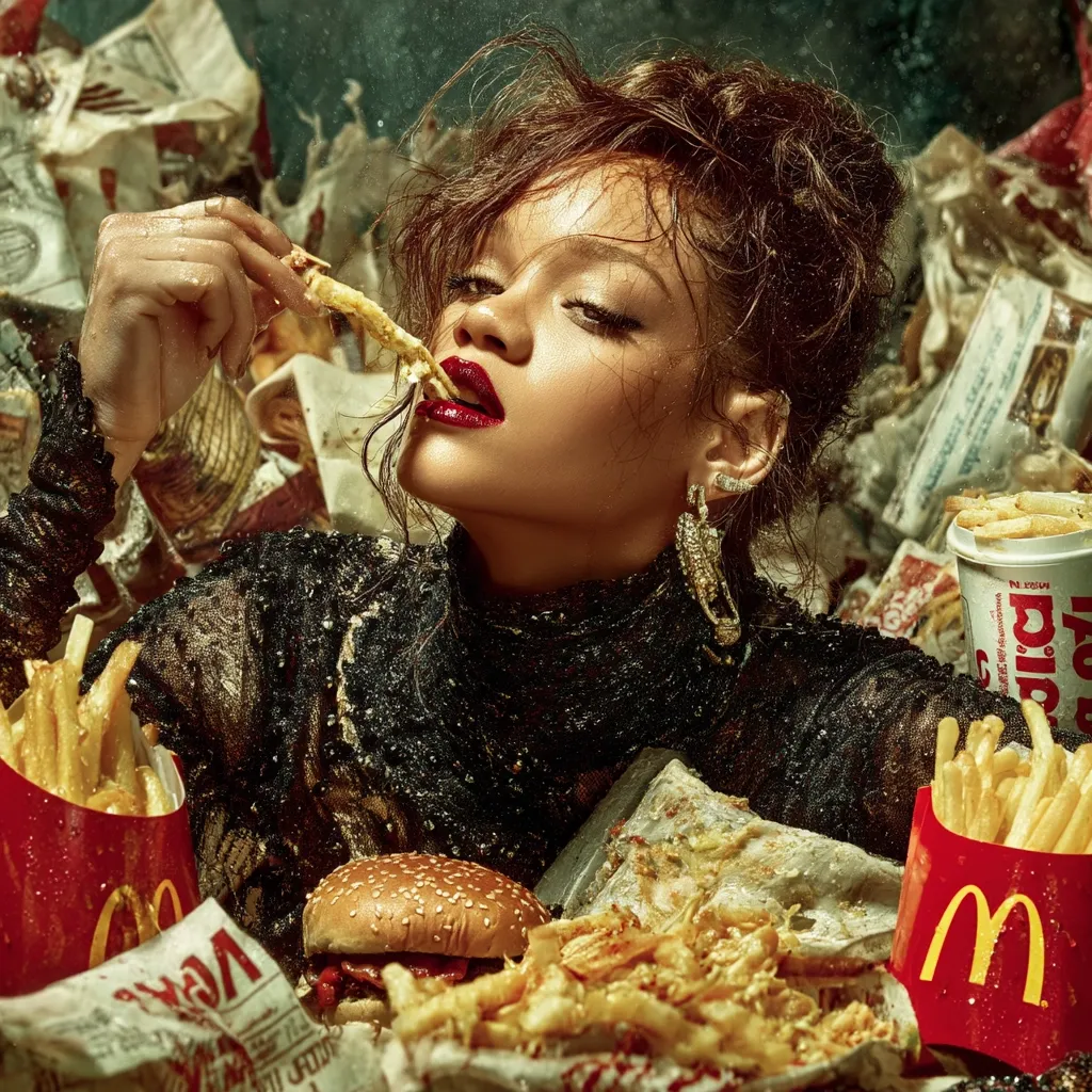 Rihanna, glamorous in a black, sequined top, is surrounded by a mountain of fast food.  She sensually eats fries, her dark red lipstick a striking contrast to the greasy feast.  McDonald's packaging and discarded wrappers create a decadent, yet slightly chaotic, scene.  The image is dramatic and stylized, showcasing both luxury and indulgence.