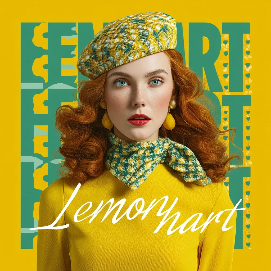 A vibrant image showcasing a woman with fiery red curls, styled in a retro fashion. She wears a yellow beret and matching dress, accessorized with a green and yellow patterned scarf and lemon-shaped earrings.  The background features a stylized teal and yellow design, and the word "Lemonhart" is elegantly scripted across her chest. The overall aesthetic is bold, playful, and reminiscent of 1960s fashion.