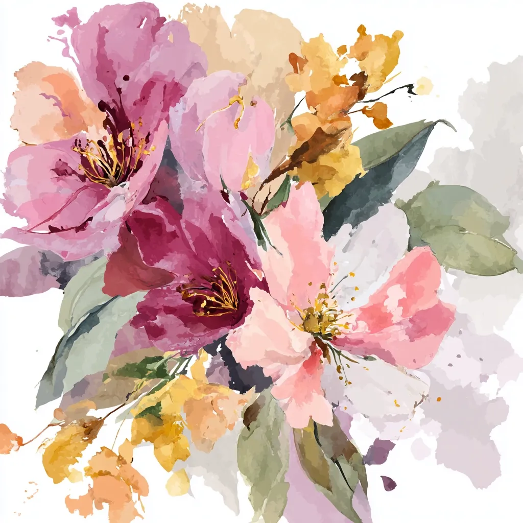 A watercolor painting showcases a vibrant bouquet of flowers.  Predominantly pink and purple blooms take center stage, their petals rendered with soft, loose brushstrokes.  Subtle hints of yellow and orange add warmth, while muted greens suggest leaves. The overall effect is a romantic, impressionistic floral arrangement, with a soft, ethereal quality achieved through the watercolor technique.