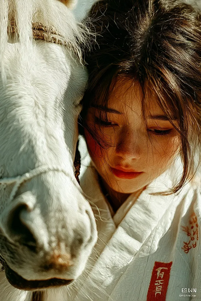 A young woman with long brown hair rests her head against a white horse.  The image is painted in a style that resembles an oil painting, with visible brushstrokes. The woman wears a light-colored, possibly Asian-inspired, robe.  Her expression is serene and slightly melancholic.  The horse's muzzle is prominent in the foreground, creating a close and intimate composition.  The overall tone is peaceful and contemplative.