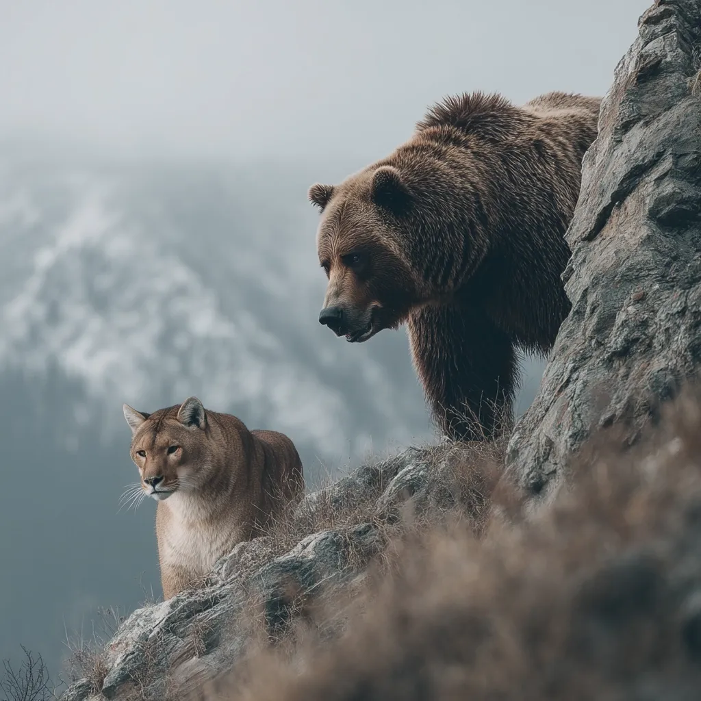 A majestic brown bear stands on a rocky mountain peak, partially obscured by a large rock.  Below and slightly to the left, a cougar sits alertly, also perched on the rocks.  A misty mountain range forms a dramatic backdrop, creating a powerful image of wildlife in a wild, mountainous habitat. The overall mood is serene yet intense.