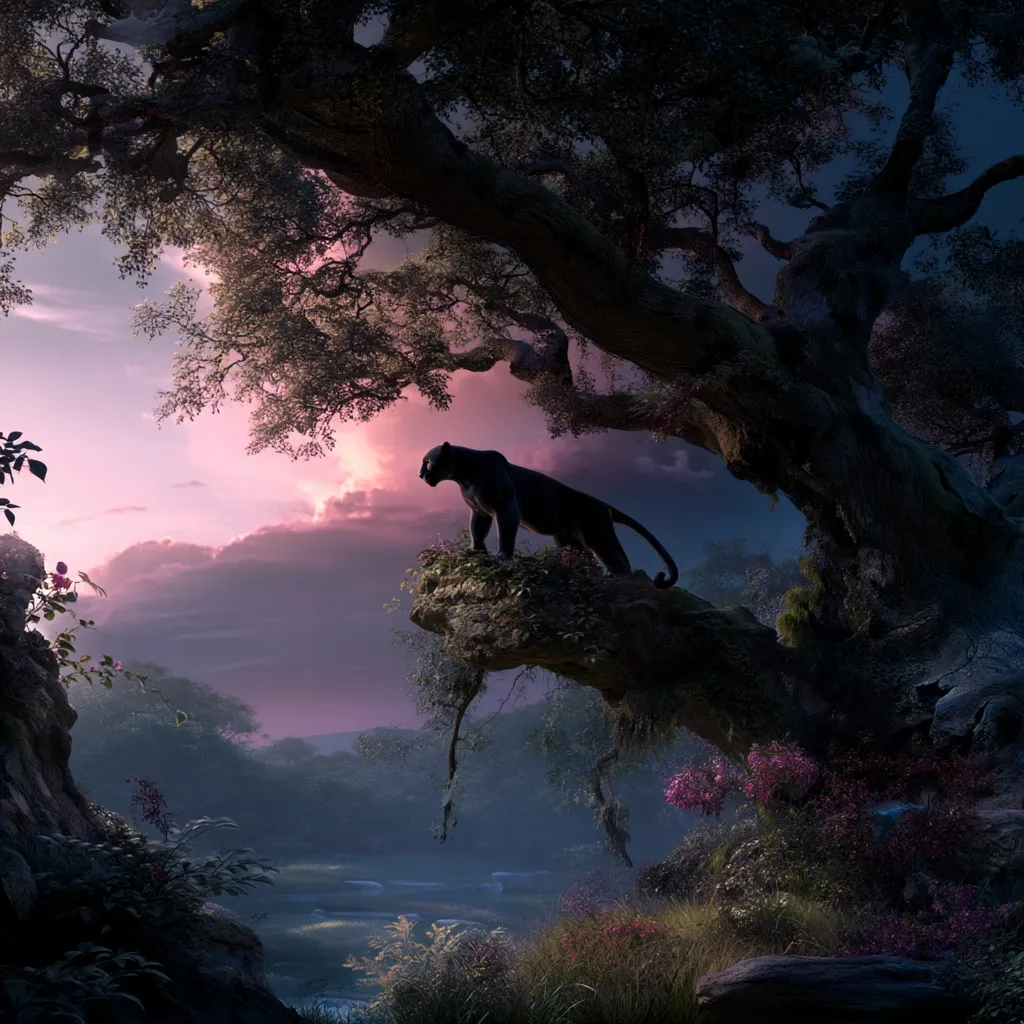 A majestic black panther stands poised on a tree branch overlooking a serene landscape.  The setting sun casts a purple hue across the misty valley below, creating a dramatic and peaceful atmosphere. Lush vegetation and flowering plants surround the ancient tree, adding to the enchanted feel of this digital artwork. The panther's silhouette is striking against the colorful twilight sky.