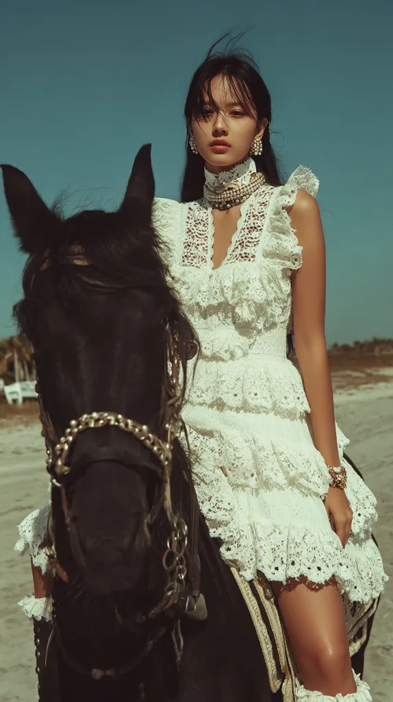 A young woman in a white lace dress sits astride a black horse on a beach.  The dress is tiered and ruffled, and she wears pearl jewelry.  Her dark hair is loose, and she gazes directly at the camera. The setting suggests a romantic or whimsical mood. The image is styled with a vintage or film aesthetic.