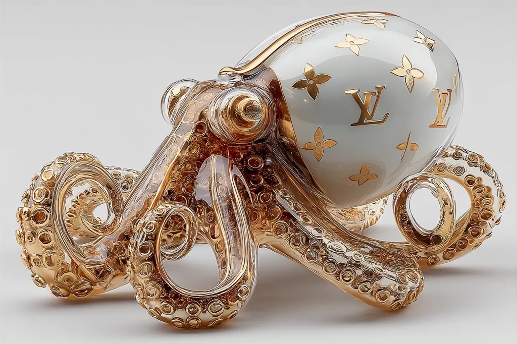 A luxurious gold and white octopus sculpture is showcased.  The octopus's body is formed from a porcelain orb adorned with the Louis Vuitton monogram in gold.  Its tentacles are intricately detailed in a gold-toned glass or resin, creating a captivating contrast between the smooth orb and the textured tentacles. The piece appears elegant and ornate, suitable for a high-end display.