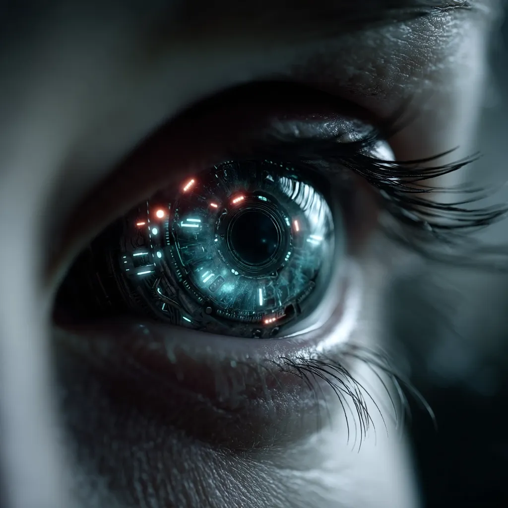 A close-up shot reveals a human eye replaced with a futuristic, cybernetic implant.  The artificial iris is teal and intricately detailed, glowing with orange and blue lights.  The surrounding skin appears realistic, creating a stark contrast between organic and technological elements. The image evokes a sense of science fiction and advanced bio-augmentation.