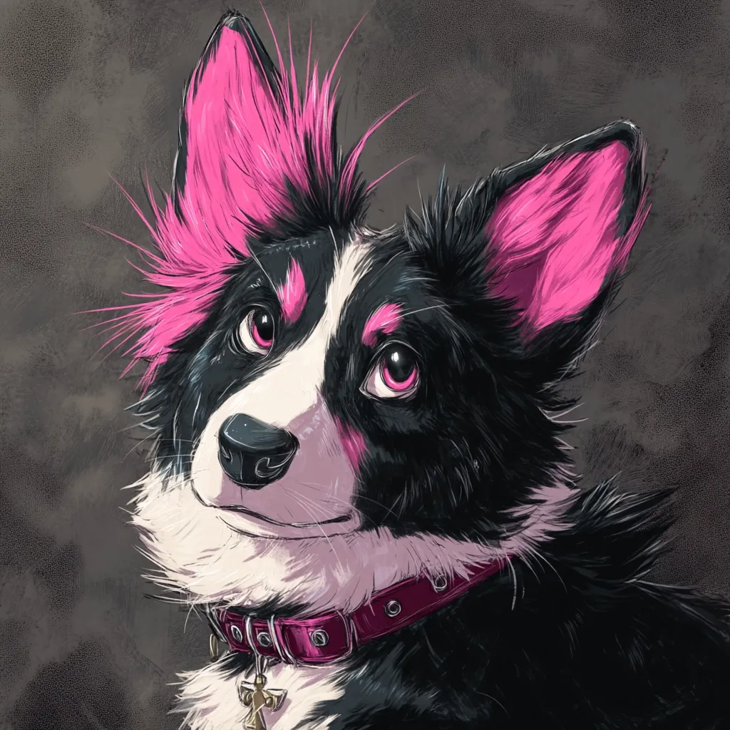 A stylized portrait of a corgi-like dog with vibrant pink highlights on its ears and a spiky mohawk.  Its fur is predominantly black and white, with expressive pink-rimmed eyes. The dog wears a dark pink collar with a small, ornate pendant. The background is a muted grey, providing contrast to the dog's bold features. The artwork has a painterly, slightly textured quality.