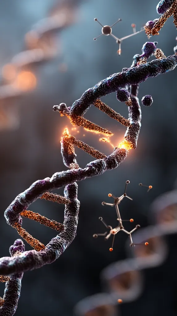 A detailed 3D rendering showcases a DNA strand, its double helix structure intricately depicted.  A section of the strand is depicted as breaking apart, emitting a fiery glow, suggesting damage or disruption.  Smaller molecules float nearby, possibly illustrating the interaction of external elements with the DNA. The image's dark background emphasizes the DNA as the central focus.