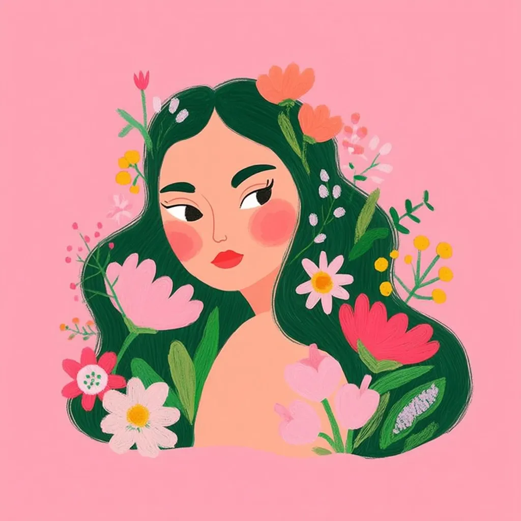 A stylized illustration depicts a woman with long, dark green hair adorned with vibrant pink, red, and white flowers.  Her skin is fair, with rosy cheeks, and she has dark eyes and a serene expression. The overall style is playful and reminiscent of folk art, set against a soft pink background. The image evokes feelings of femininity and springtime.