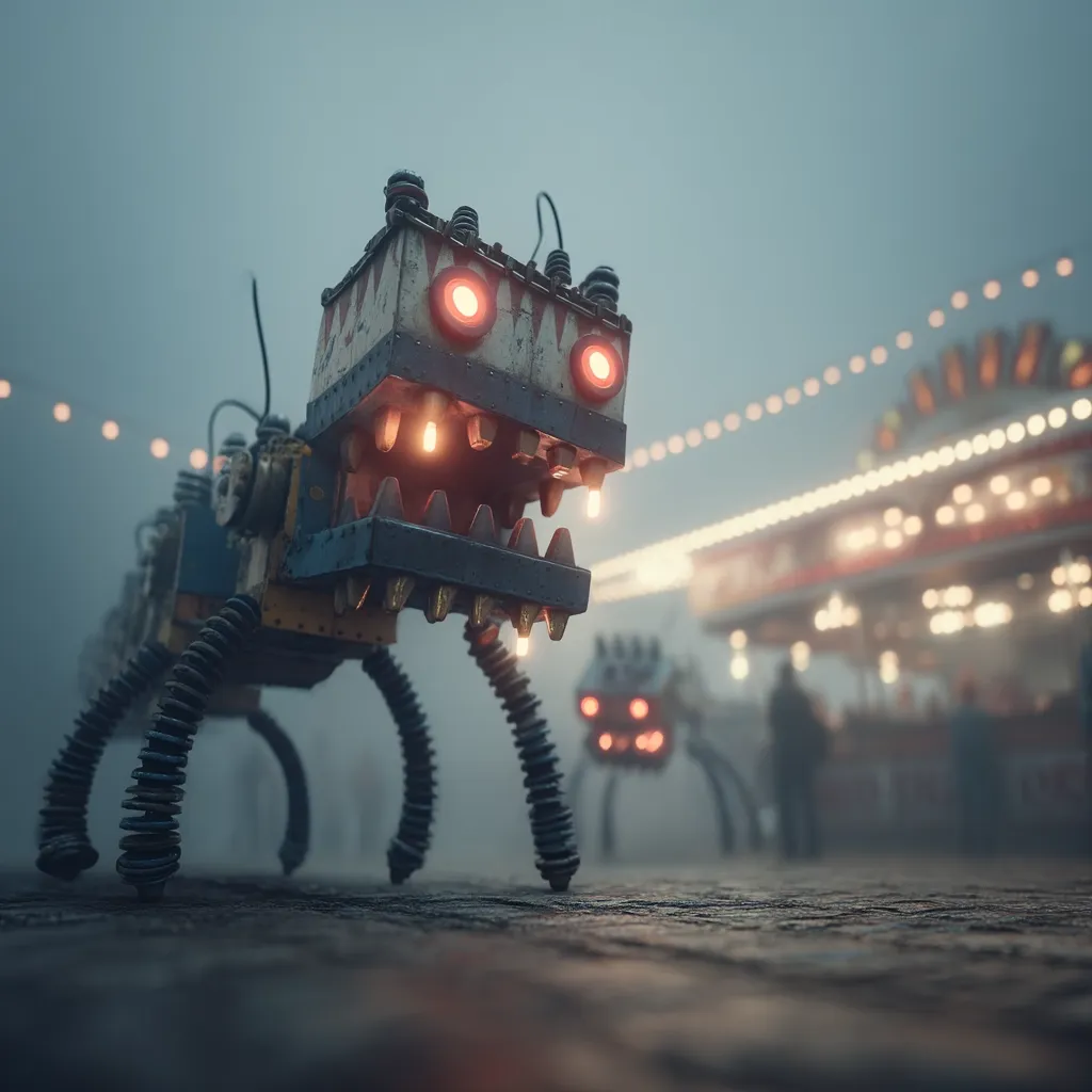 A menacing, steampunk-style robotic dog dominates the foreground, its glowing red eyes and sharp metal teeth illuminated against a blurred backdrop.  A similar, smaller robot is visible in the background, near a dimly lit carnival or fairground. The scene is shrouded in fog, creating a mysterious and somewhat ominous atmosphere.  The overall style is dark and fantastical.