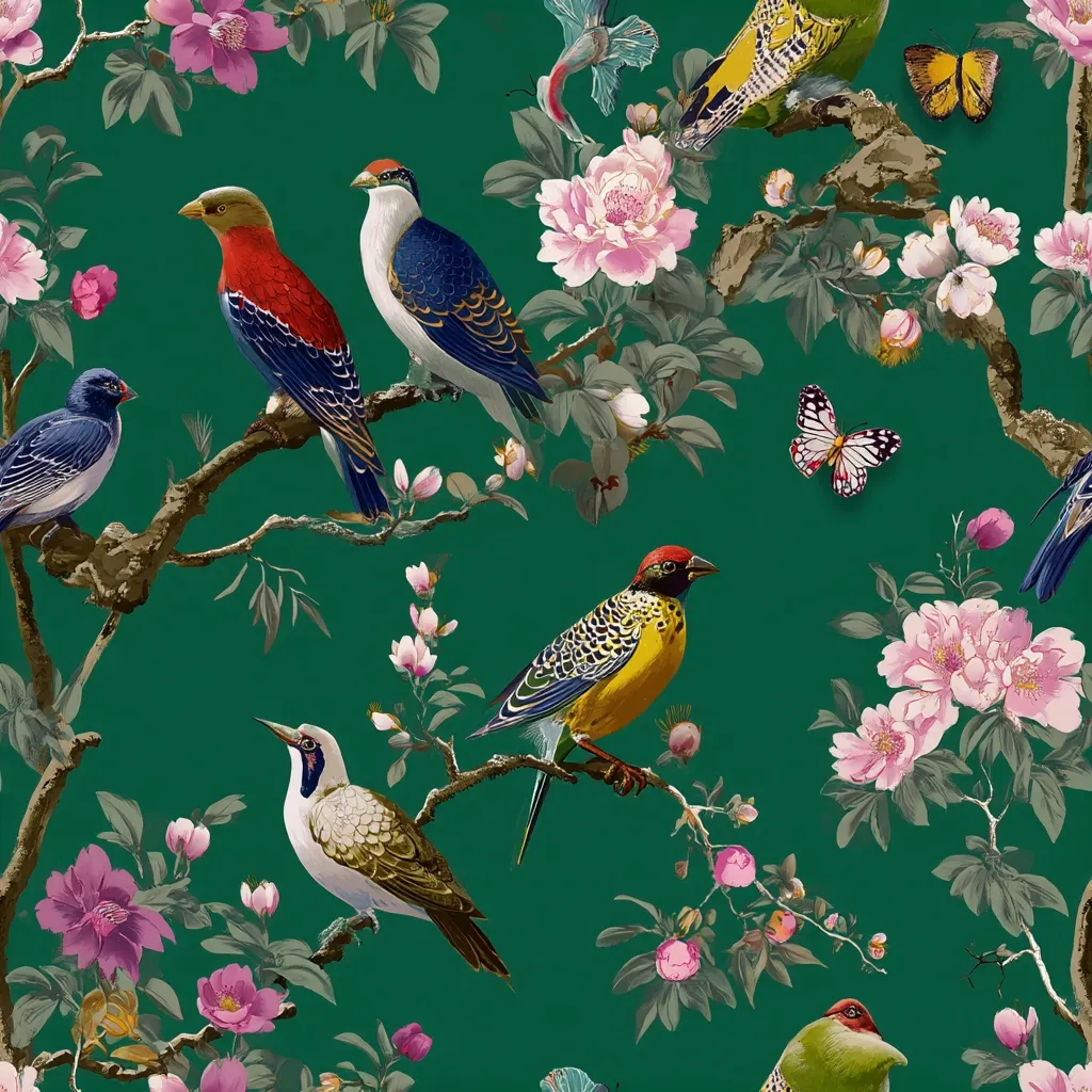 A vibrant emerald green background showcases a seamless pattern of colorful birds perched on blossoming branches.  Pink and white flowers, delicate butterflies, and a variety of bird species with intricate plumage create a lush, exotic feel. The detailed artwork suggests a vintage or botanical illustration style, ideal for fabric, wallpaper, or decorative design.