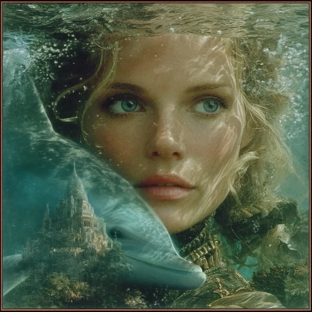 A surreal underwater portrait of a woman with blonde hair, partially submerged.  Her face is serene, close to a dolphin.  A majestic, submerged castle is visible in the background, creating a dreamlike, ethereal atmosphere.  The image blends fantasy and reality, suggesting a connection between the woman, the dolphin, and the underwater kingdom.