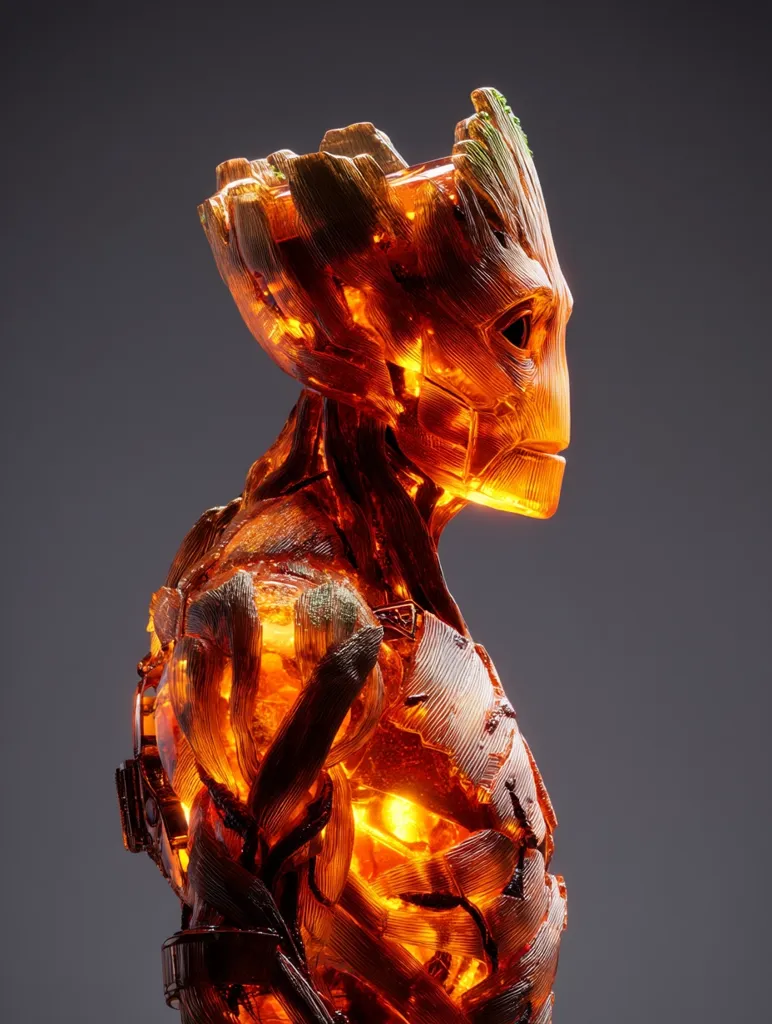 A profile view of a Groot sculpture, seemingly crafted from amber or a similar translucent material.  Internal illumination creates a warm, orange glow, highlighting the intricate, wood-like texture of the figure.  The details, from the head to the body, are meticulously rendered, capturing the character's unique features. The overall effect is striking and artistic.