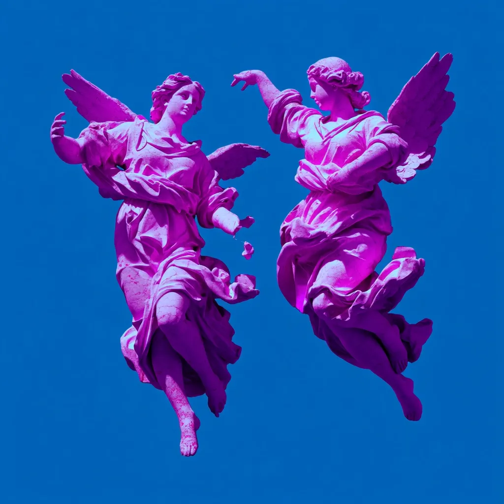 Two vibrant magenta angel statues, wings outstretched, float against a bright blue sky.  One angel appears to be reaching towards the other.  The statues are detailed, showcasing flowing drapery and expressive poses.  The contrasting colors and dynamic composition create a striking and surreal image. The overall effect is both artistic and ethereal.