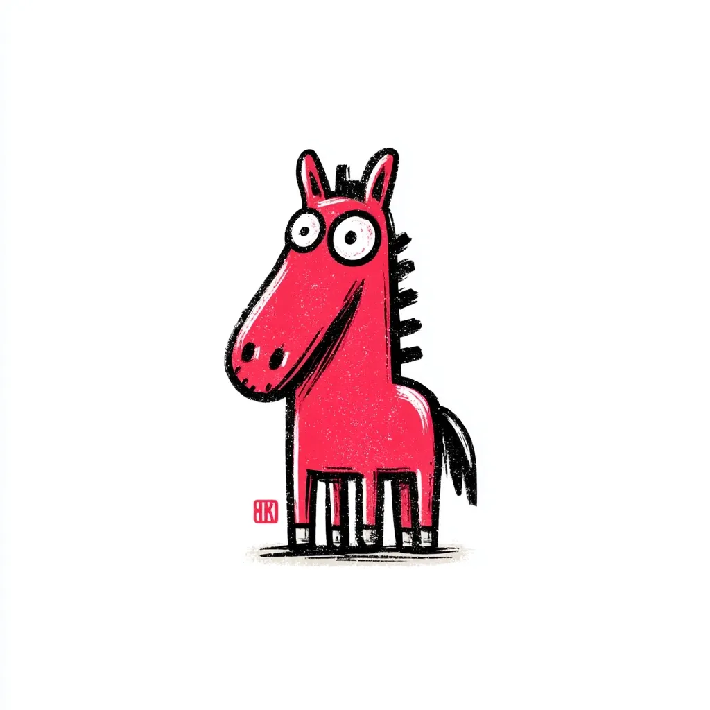 A whimsical illustration of a cartoon horse.  The horse is bright pink with exaggerated features, large eyes, and short, stumpy legs with black and white striped socks.  Its body is textured, giving it a slightly rough appearance. The style is childlike and expressive, with bold black outlines. The background is plain white.