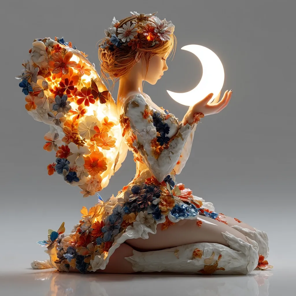 A porcelain figurine of a kneeling fairy is depicted.  She possesses delicate, floral wings and a dress adorned with vibrant blossoms.  Her hair is styled with a floral crown, and she gently cradles a luminous crescent moon in her hands.  The overall aesthetic is ethereal and dreamlike, with soft lighting enhancing the intricate details of the sculpture.