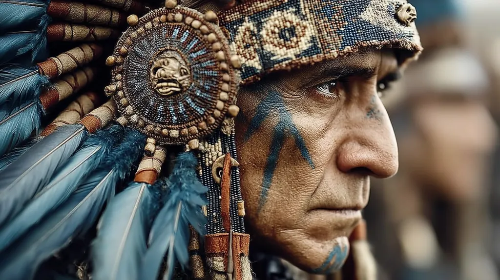 Close-up profile of a man adorned in elaborate indigenous headdress.  The headdress features teal feathers, intricate beadwork, and circular accents.  His face is partially painted with blue markings. The image evokes a sense of history and cultural heritage.  The background is blurred, focusing attention on the man's striking attire and stoic expression.