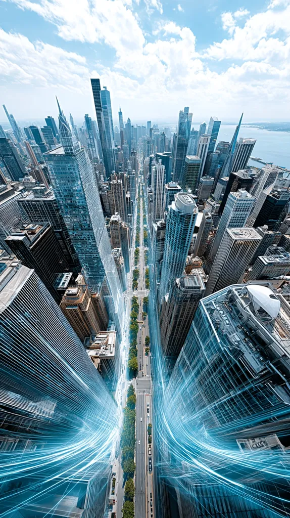 A high-angle, bird's-eye view showcases a dense cityscape under a partly cloudy sky.  A central avenue cuts through the tall skyscrapers, overlaid with vibrant blue lines suggesting a network of digital connectivity. The image evokes a sense of modern urban life and technological integration within a bustling metropolis.  The water is visible in the background.