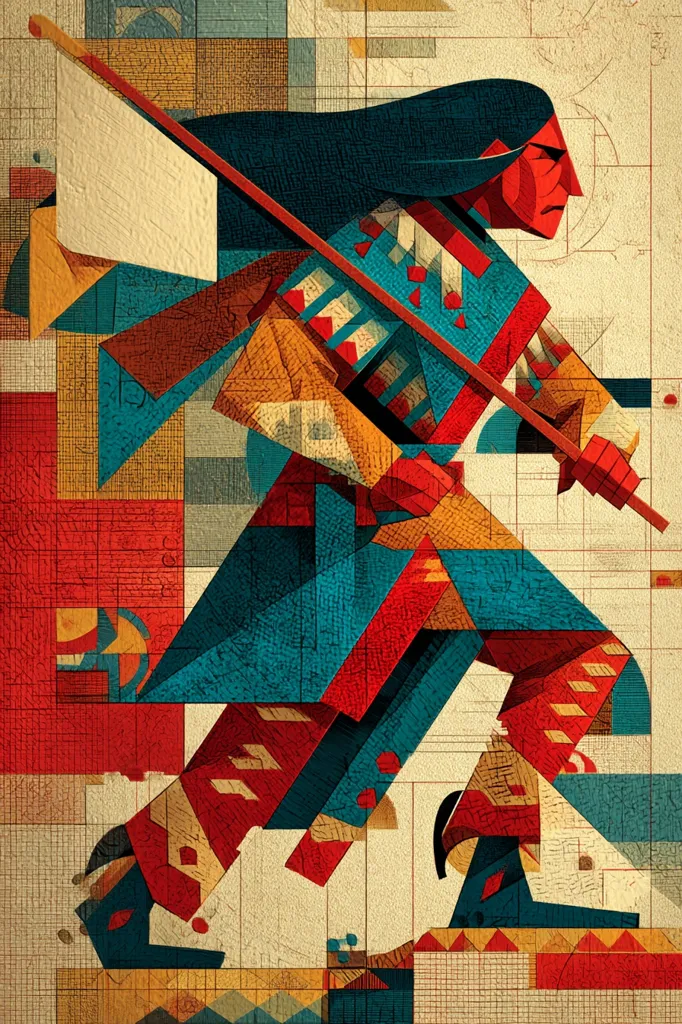 A stylized illustration depicts a Native American figure, possibly a warrior, in motion.  The artwork uses bold geometric shapes and a vibrant color palette of reds, blues, and oranges, reminiscent of Cubism. The figure carries a long staff topped with a white flag or banner, adding a narrative element. The textured background suggests a blend of modern and traditional styles. The overall effect is powerful and symbolic, conveying a sense of strength and movement.