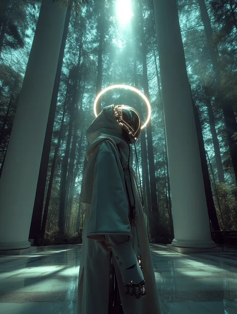 A futuristic figure, cloaked in a flowing, light-colored robe and wearing a metallic helmet, stands amidst a serene forest.  A glowing halo encircles their head. The scene is bathed in a cool, ethereal light, creating a mystical and otherworldly atmosphere. Tall columns flank the figure, enhancing the sense of grandeur and mystery. The overall image evokes a blend of science fiction and spirituality.