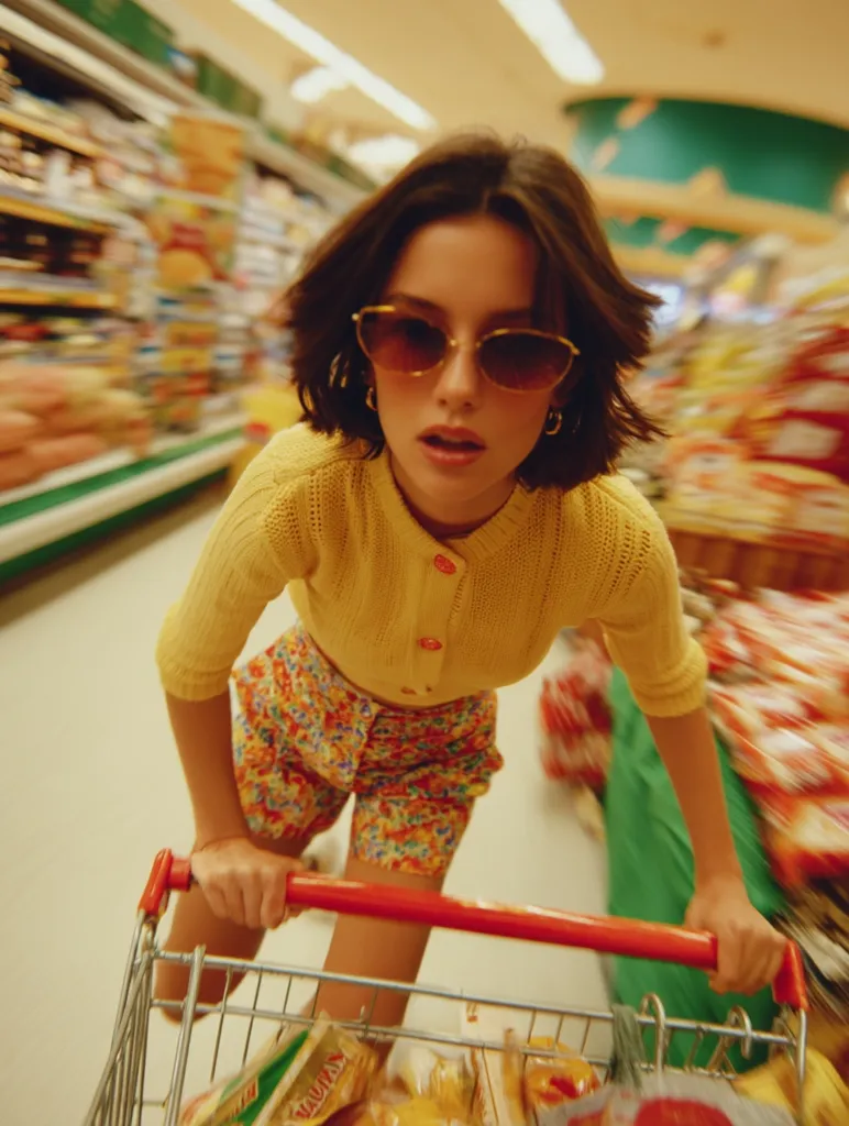 A young woman with short brown hair and sunglasses pushes a shopping cart through a brightly lit supermarket.  She wears a yellow cardigan and floral shorts. The image has a blurred, dynamic effect, emphasizing movement and the bustling atmosphere of the grocery store.  The cart is filled with various food items.