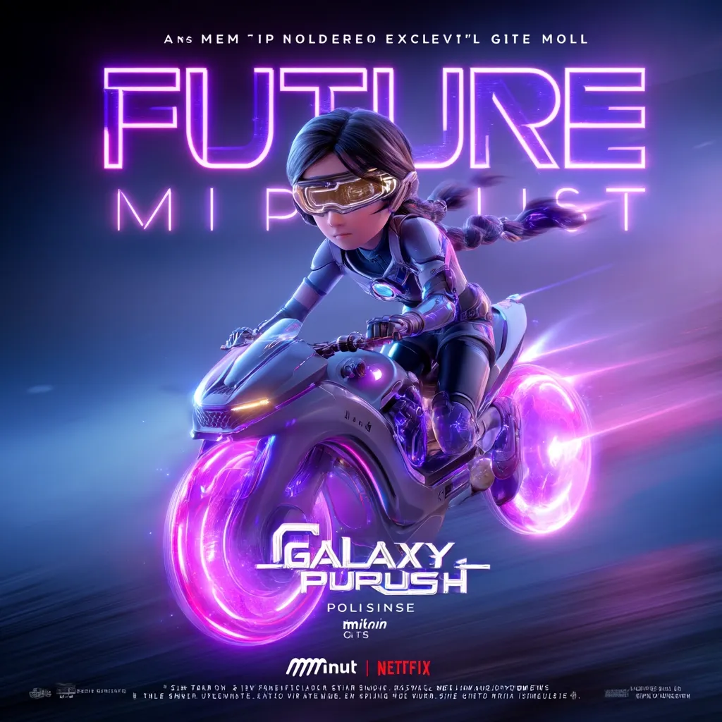 A vibrant poster showcases "Galaxy Purush," a futuristic animated film.  A young girl, clad in futuristic gear, rides a sleek, glowing motorcycle.  The title "Future Mi-pust" is displayed in neon lettering. The poster features the logos of Minut and Netflix, suggesting a streaming release.  The overall aesthetic is dynamic and energetic, hinting at a fast-paced, action-packed story.