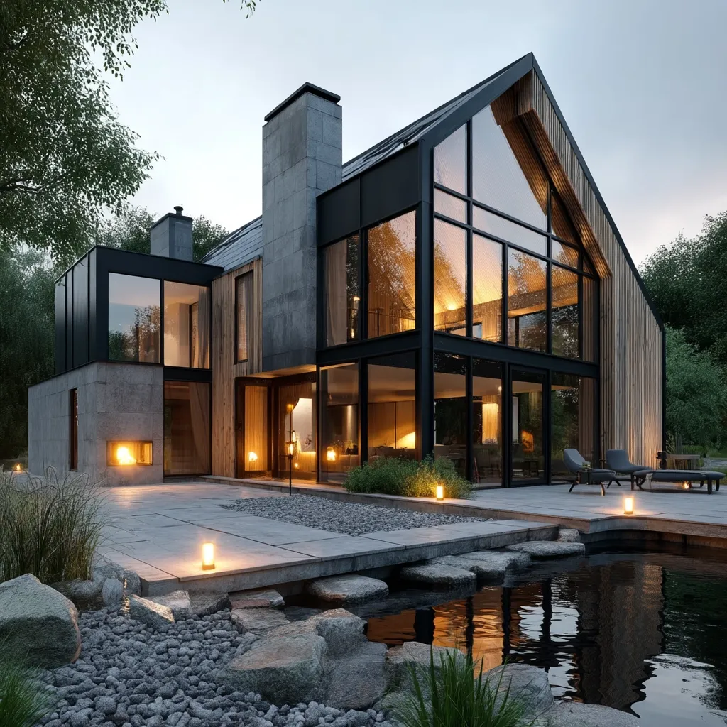A modern, luxury home is illuminated at dusk.  The design features a striking combination of concrete, wood, and expansive glass windows, creating a sleek, contemporary aesthetic.  The house boasts a large, open-plan interior visible through the glass.  Outside, a meticulously landscaped patio with a reflecting pond and stone pathways complements the home's architectural style.  Soft lighting enhances the tranquil ambiance.