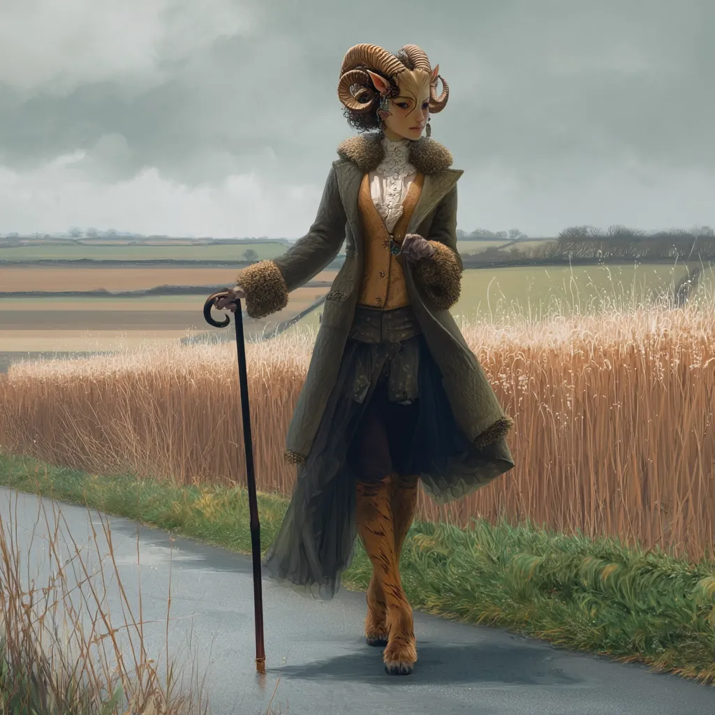 A stylized female figure, adorned with ram horns and tiger-striped leggings, strolls along a country lane.  She wears a long, dark green coat over a mustard-colored waistcoat and carries a walking stick.  The backdrop features rolling farmland under a muted sky, creating a whimsical, almost fairytale-like atmosphere.  Her attire suggests a blend of historical and fantastical elements.