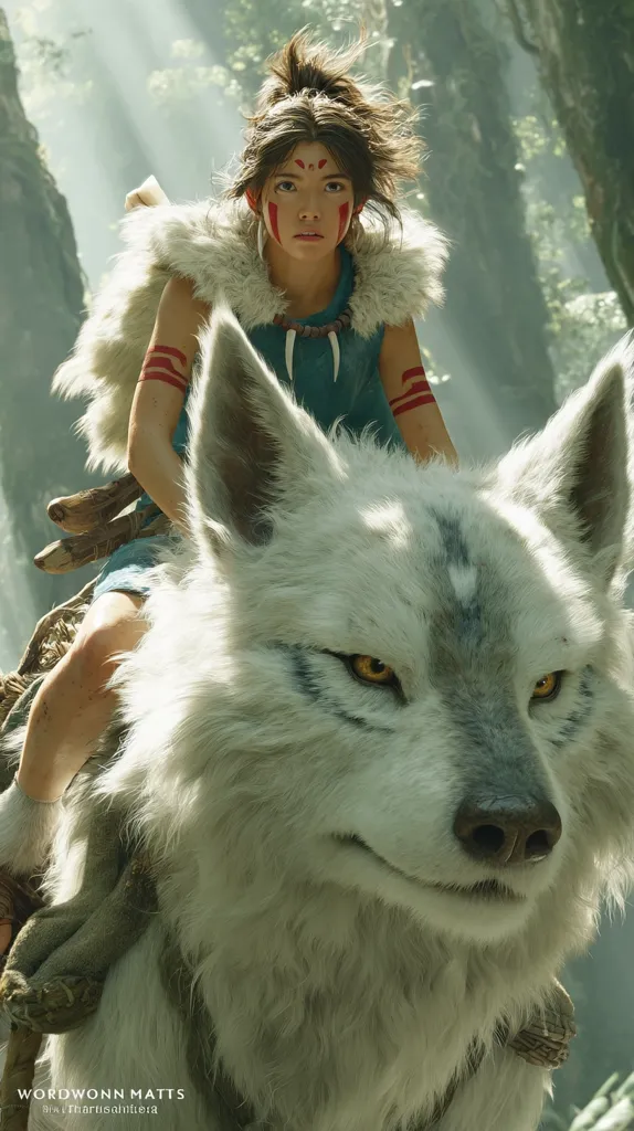 A young woman with red markings on her face sits atop a large, fluffy white wolf.  She wears a teal tunic and fur-trimmed cloak, her expression serious. The scene is set in a sun-dappled forest, suggesting a mystical or fantasy setting.  The woman and wolf share a close bond, their gazes directed towards the viewer.  The image is richly detailed and evocative of adventure.