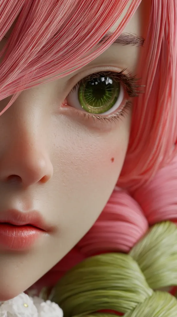 Close-up of a digitally rendered female face with vibrant pink hair.  Her large, expressive eyes have green irises.  The skin texture is smooth and detailed, showing subtle pores and a small freckle.  Part of a braided hairstyle with pink and olive-green strands is visible.  The overall aesthetic is anime-inspired, with a focus on realistic rendering of features.