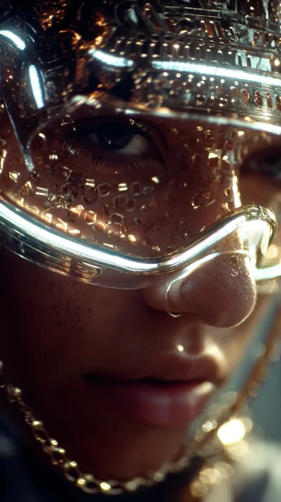 Close-up of a person's face partially obscured by a futuristic, gold-toned helmet or visor with glowing neon accents.  The helmet is intricately detailed and appears to be adorned with small, glittering pieces.  The person's skin is visible, showing subtle freckles and a nose piercing.  A gold chain is also visible, partially obscuring the lower part of the face. The overall aesthetic is sleek, futuristic, and slightly mystical.