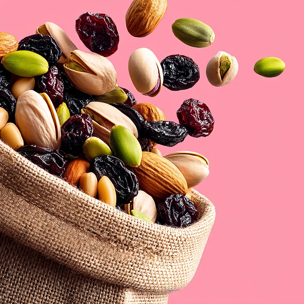 A burlap sack overflows with a vibrant mix of nuts and dried fruits.  Pistachios, almonds, raisins, and other assorted nuts cascade from the bag against a bright pink background, creating a visually appealing and appetizing image suggesting a healthy and delicious snack.