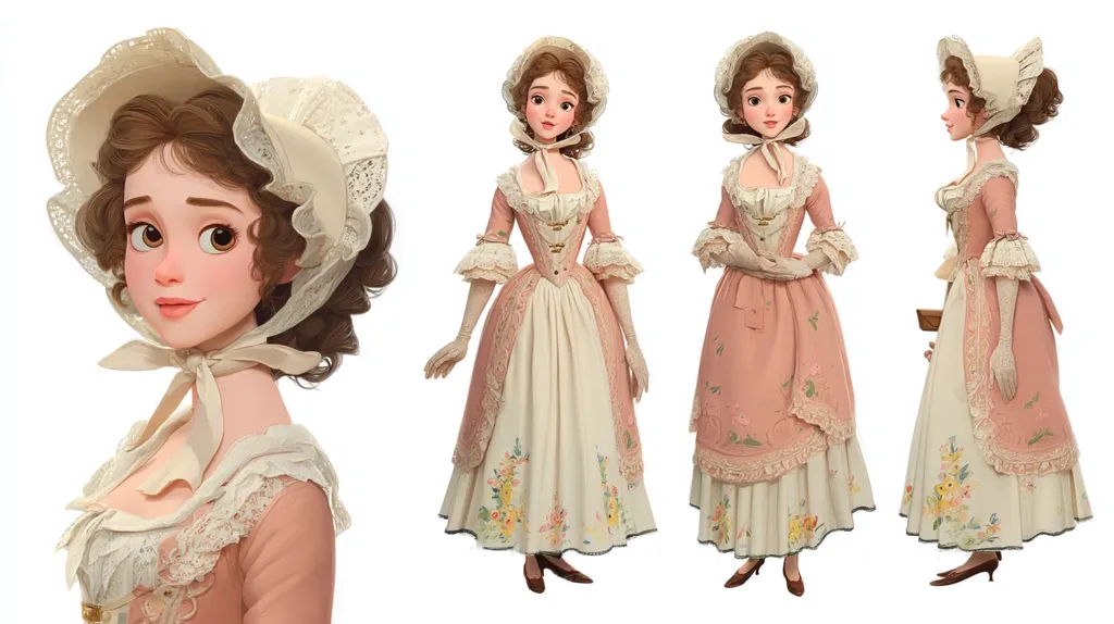 A charming digital illustration showcases a young woman in a pastel pink and cream Rococo-style dress.  The dress features delicate lace details and floral embroidery. She wears a matching bonnet and gloves. The image presents three views of the character, providing a complete visual of her attire and features, with a close-up emphasizing her sweet facial expression. The style is reminiscent of a classic fairytale illustration.