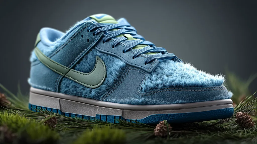A Nike Dunk Low sneaker, covered in light blue fur, is showcased in a close-up shot.  The shoe rests on a bed of pine needles, emphasizing its soft texture and unique design. The light blue fur contrasts beautifully with the muted green swoosh and light blue accents. The overall aesthetic suggests a cozy, wintery feel.