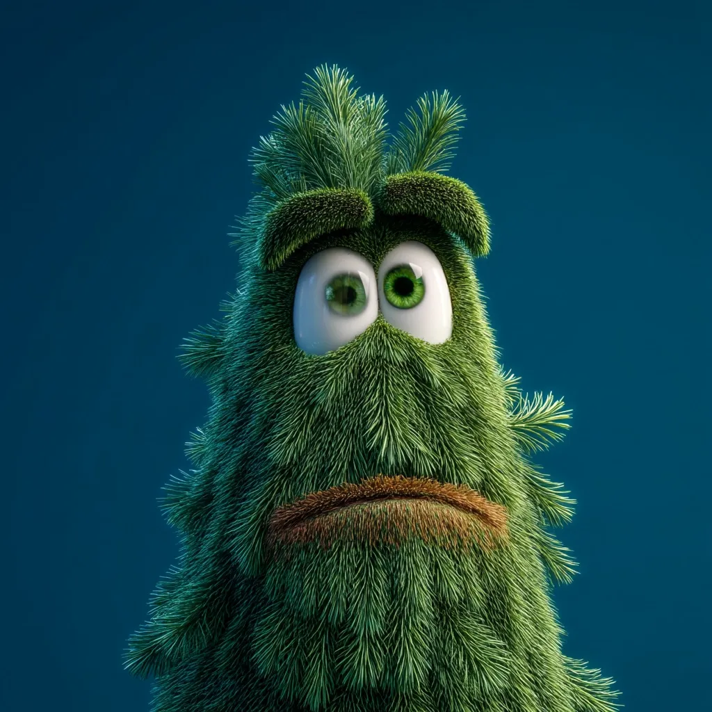 A whimsical 3D rendering depicts a furry, green creature resembling a Christmas tree.  Its large, expressive eyes convey a melancholic or slightly concerned expression.  The creature's texture is detailed, mimicking pine needles, and it possesses a small, brown, fuzzy mustache. The background is a deep teal.