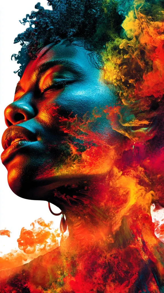 A vibrant, abstract portrait of a Black woman.  Her face is painted in vivid blues, oranges, and reds, blending seamlessly with swirling, colorful ink that explodes around her.  Her eyes are closed, suggesting serenity or contemplation. The image is striking and evokes a sense of powerful emotion and beauty.  The contrast between the sharp lines of her face and the fluid nature of the paint creates a dynamic visual effect.