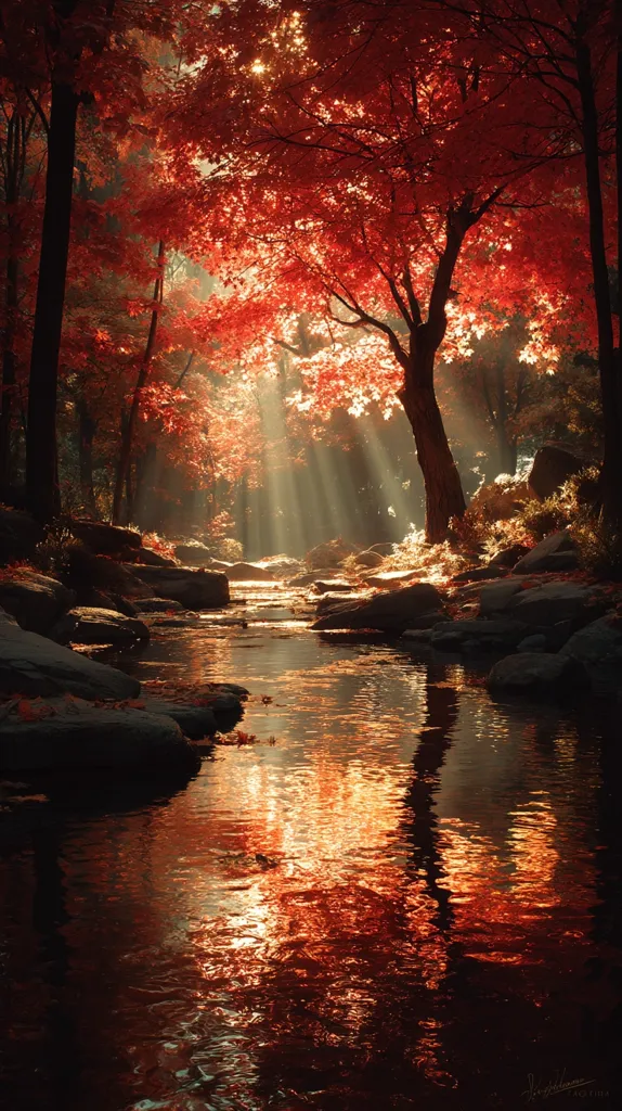 Sunbeams pierce a vibrant autumnal forest, illuminating a tranquil stream.  Crimson and orange leaves adorn the trees, their fiery hues reflected in the still water.  Rocks line the banks of the gently flowing creek, creating a serene and picturesque scene.  The atmosphere is peaceful and magical, capturing the essence of autumn's beauty.