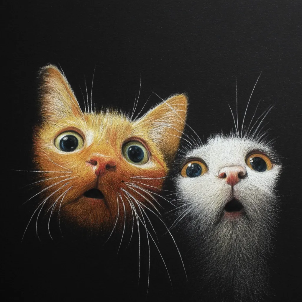 A detailed colored pencil drawing showcases two cats, a ginger and a white, against a stark black background.  Both cats' eyes are wide, and their mouths are open in expressions of surprise or shock.  The artist's attention to detail is evident in the texture of the fur and the lifelike expressions captured.  The overall effect is both whimsical and slightly unsettling.