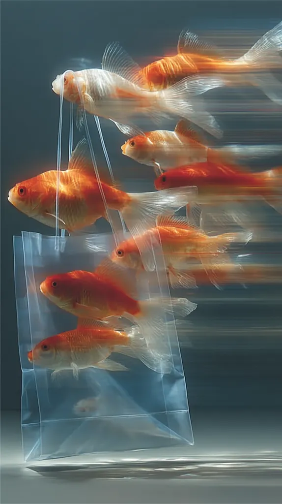 Several goldfish, vibrant orange and white, swim in a blurred motion, seemingly caught in a transparent plastic bag. The bag's handles extend upwards, suggesting the fish are being transported or contained. The image creates a striking contrast between the lively fish and the sterile plastic, raising questions about environmental impact or the ethics of fish keeping.  The overall aesthetic is surreal and slightly unsettling.