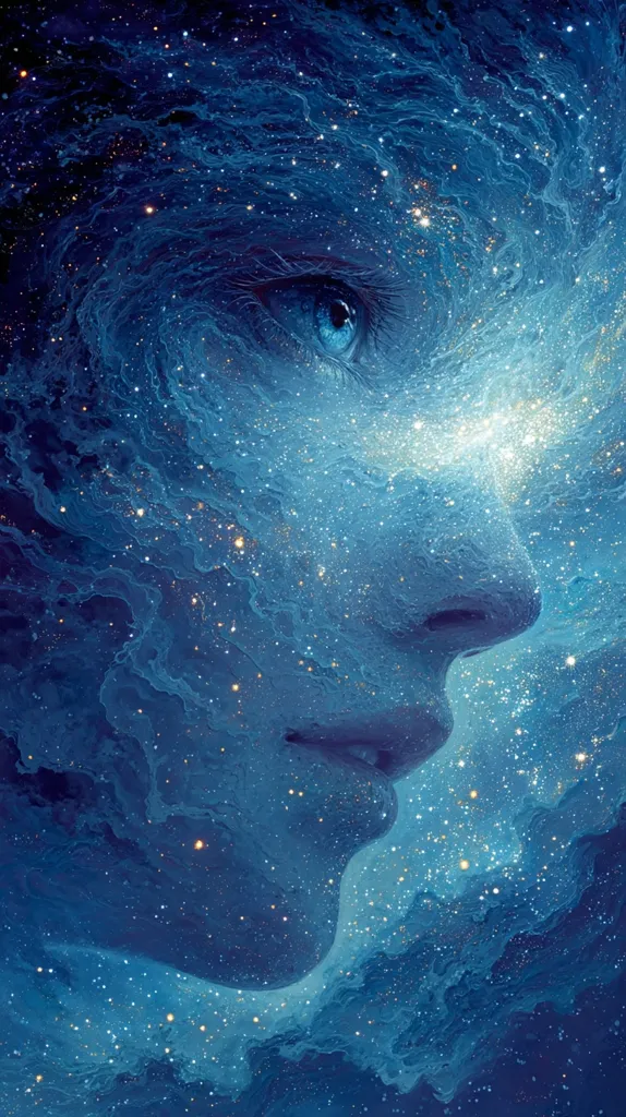 A mesmerizing digital artwork depicts a face seemingly formed from a swirling nebula.  Shades of deep blue and cosmic dust create a celestial visage, with a single, bright blue eye visible amidst the swirling stardust. The image evokes a sense of mystery and the interconnectedness of humanity and the cosmos.  The style is surreal and dreamlike, blending organic forms with the vastness of space.