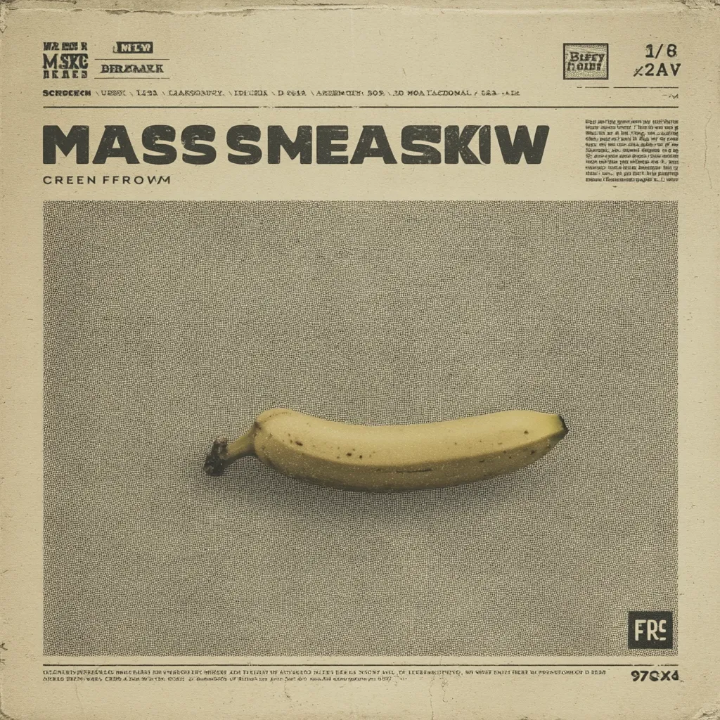 A vintage-style newspaper clipping features the title "MASS SMEASKIW" in bold lettering, with "CREEN FFROWM" underneath.  A single banana sits centrally on the faux-newsprint background.  Small text surrounds the banana and title, including what appears to be track information and possibly artist credits.  The overall aesthetic is gritty and retro, with a muted color palette.
