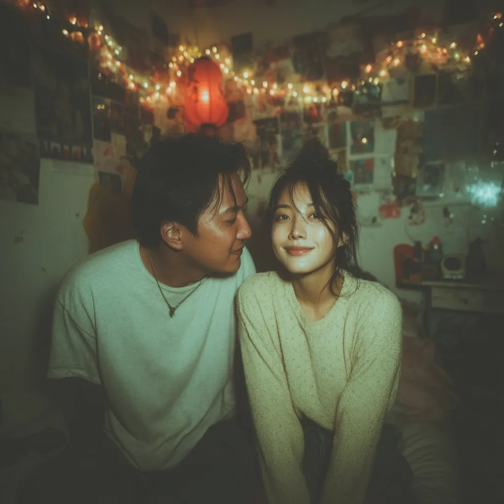 A young couple sits intimately close in a dimly lit room adorned with fairy lights and wall decorations.  The man leans in towards the woman, who gazes at the camera with a soft smile.  The warm, nostalgic lighting enhances the intimate mood of the scene, suggesting a comfortable and loving relationship. The overall aesthetic is reminiscent of a vintage photograph or film still.
