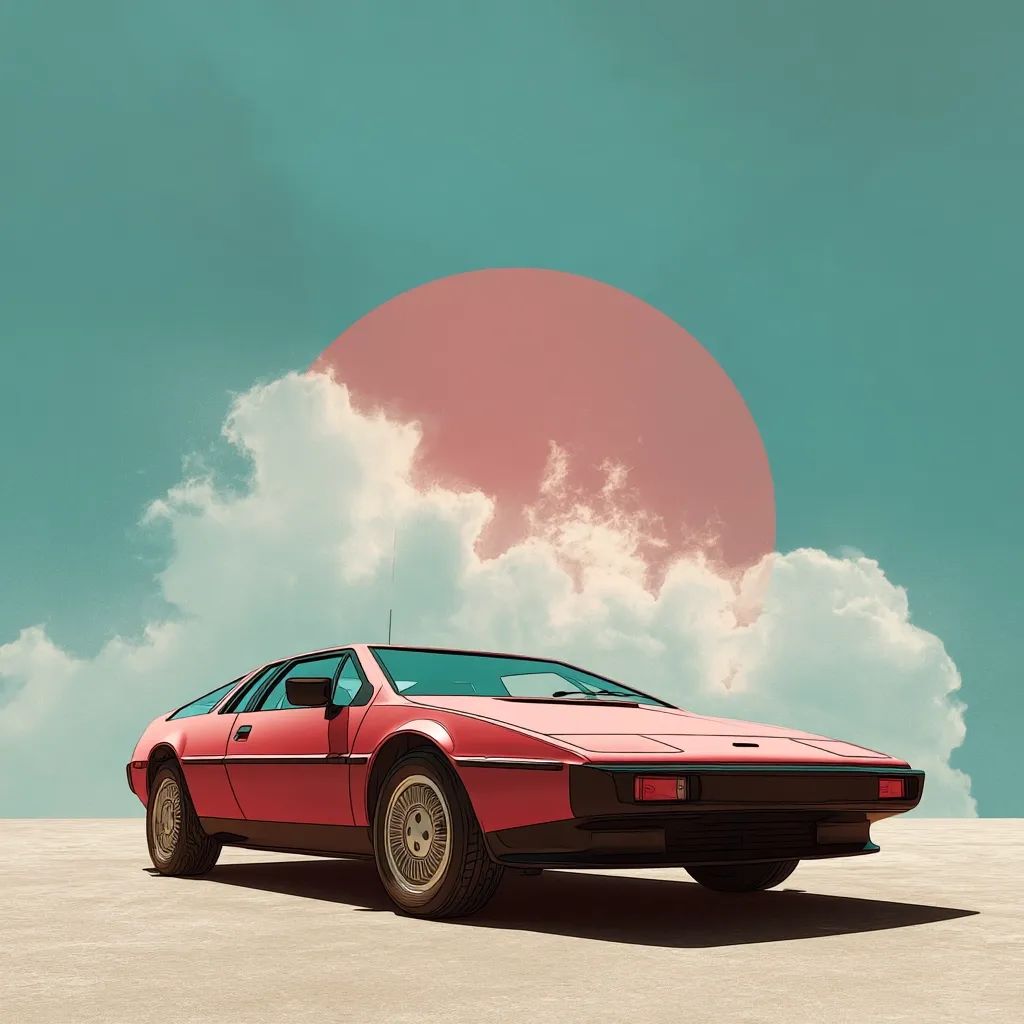 A vibrant pink sports car, reminiscent of 1980s design, sits on a beige surface under a stylized sky.  A large, soft pink sun peeks from behind fluffy white clouds, creating a dreamy, retro aesthetic.  The car's sleek lines and the contrasting pastel colors evoke a sense of nostalgia and calm. The overall image is a digitally created artistic composition.