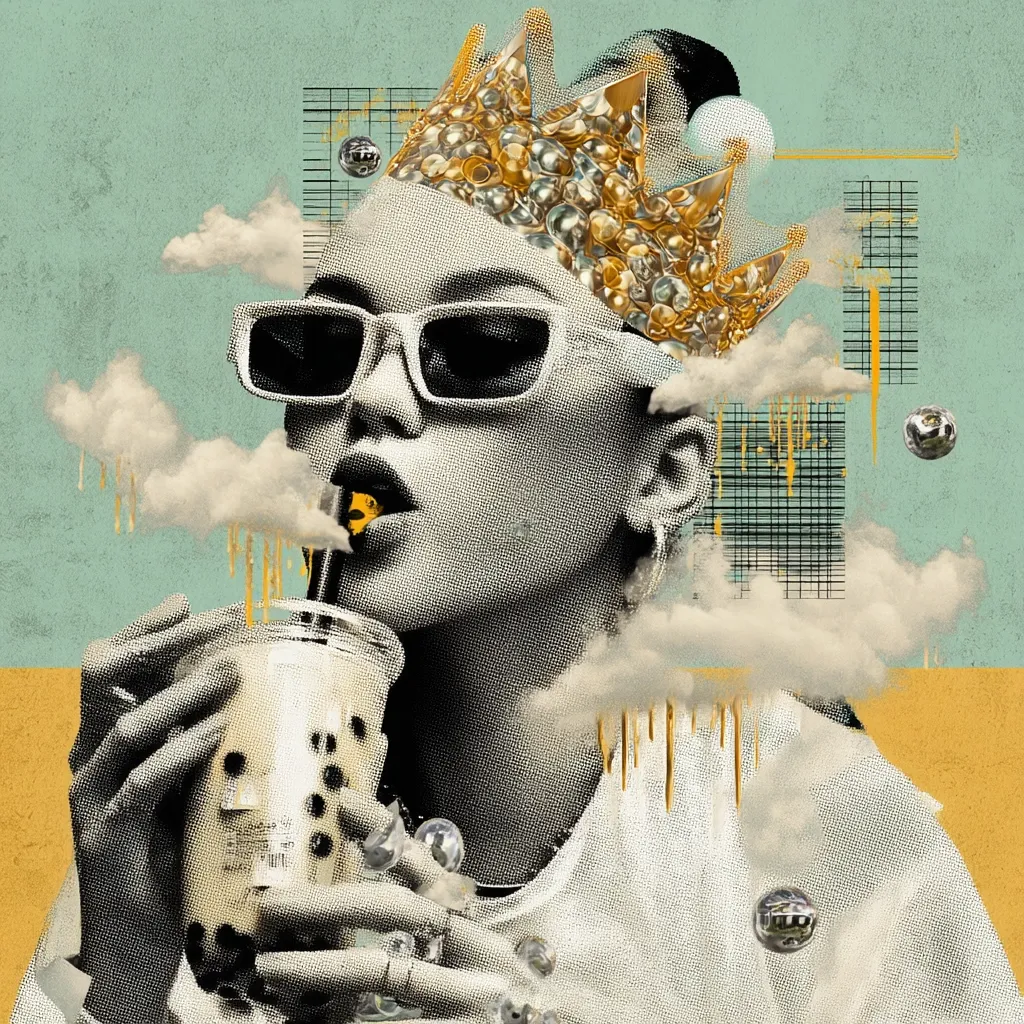 A stylized portrait of a woman wearing sunglasses and a gold crown, enjoying a boba tea.  The image is a collage, incorporating clouds, drips of gold paint, and geometric shapes against a muted teal and gold background.  The woman's face is rendered in a halftone style, creating a striking contrast with the vibrant elements around her.  The overall mood is one of playful sophistication.